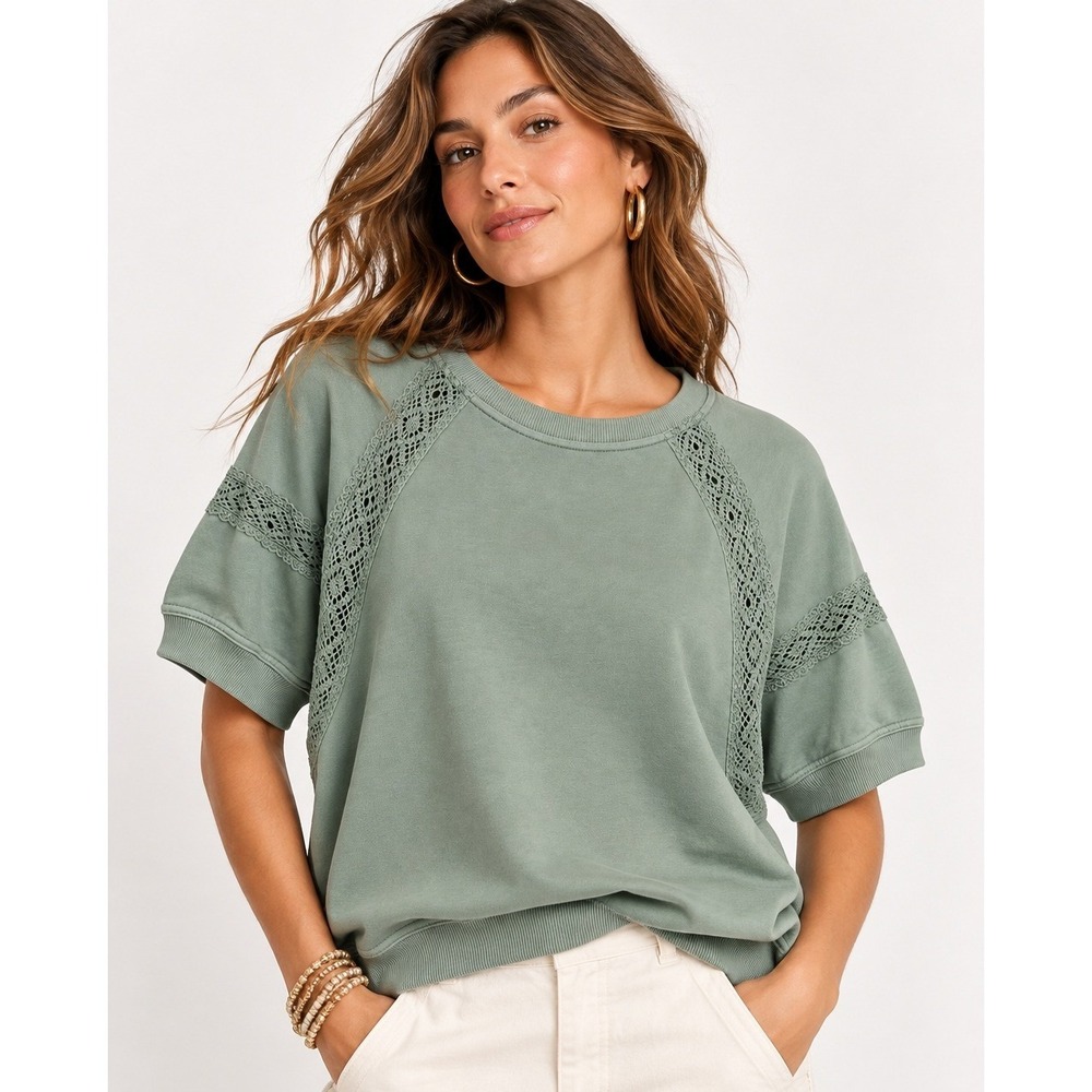 Thread & Supply Crochet Trim Short Sleeve Sweatshirt Seafoam Green Large NWT